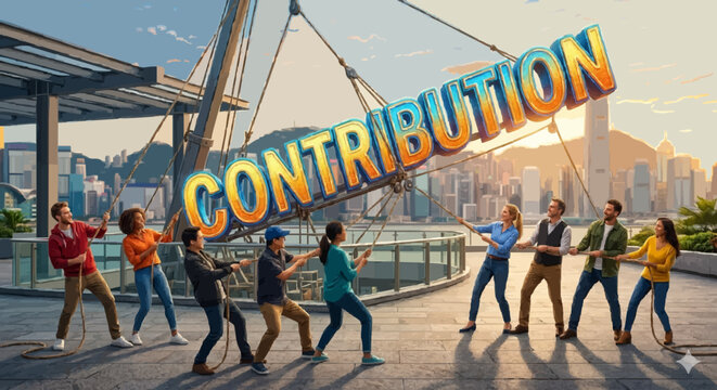 The large, colorful text in the center prominently displays the word "CONTRIBUTION"