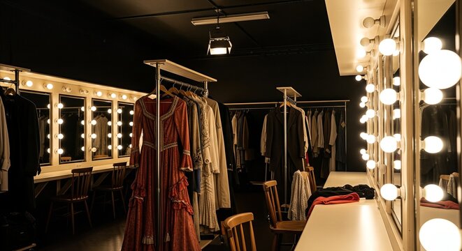 Empty theater dressing room with illuminated vanity mirrors and costumes, anticipating performance backstage