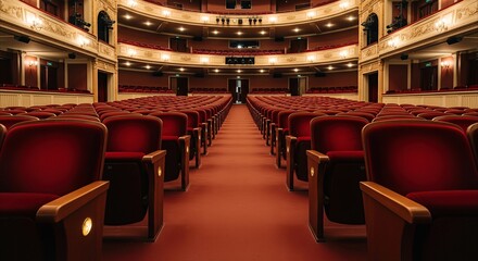 Fototapeta premium Elegant empty theater auditorium with red velvet seats and warm lighting, offering ample copy space for events.