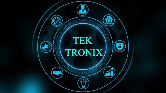 Digital technology hud interface with rotating gears and business for corporate tech presentations and motion
