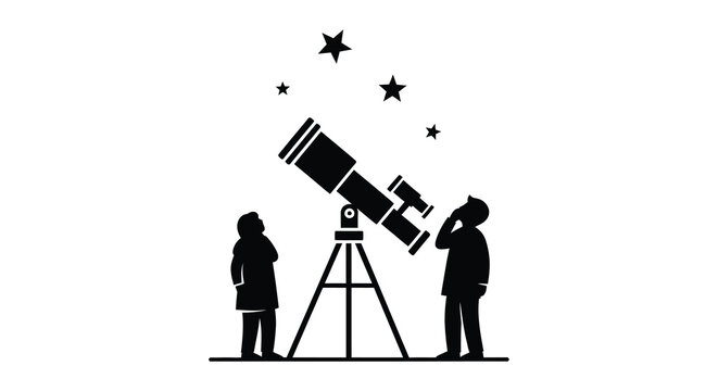 Telescope and astronomers silhouette against starry night sky