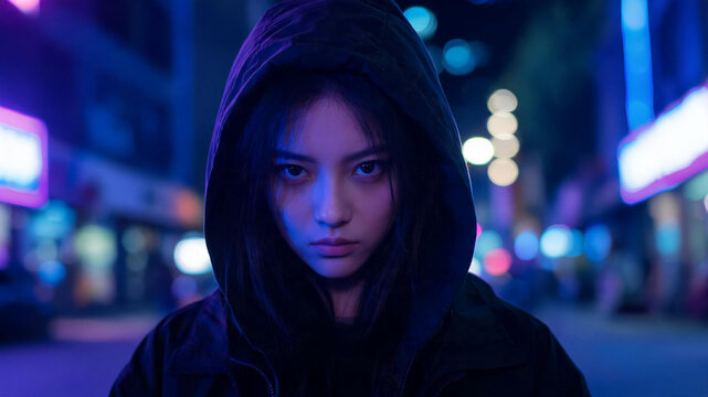 Young woman in hooded jacket in neon-lit city street at night with neon lights blue light purple light blurred lights ambient light one person portrait