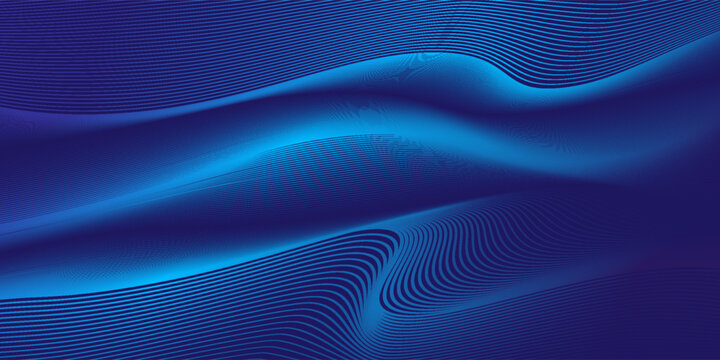 Abstract colored background with flowing wavy lines. Thin, vibrant neon light lines create a glowing effect. Bright shades of blue, purple and red smoothly transition into dark tones and black.