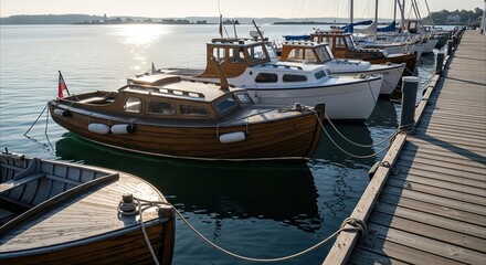 Fototapeta premium Vintage wooden boats moored by a weathered pier at sunrise, evoking peaceful nostalgia in a tranquil harbor setting for storytelling