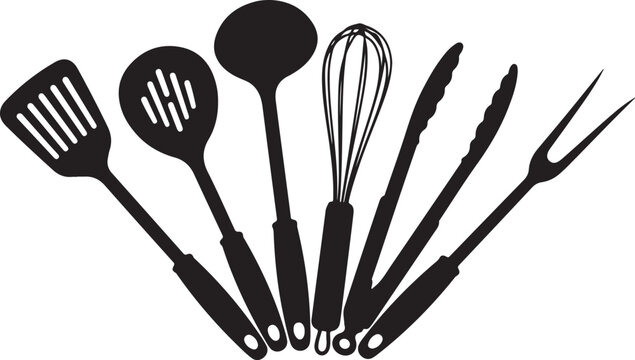 Kitchen utensils, cooking tools, black silhouettes, vector icons, kitchenware, cooking utensils set
