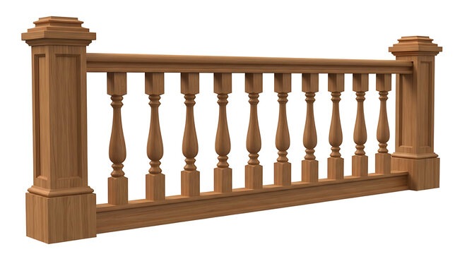 Classic wooden railing section with intricately carved balusters and sturdy posts isolated on a white background baluster traditional architecture interior carpentry craftsmanship isolated