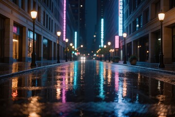 Obraz premium Rue urbaine sous la pluie la nuit avec reflets lumineux et ambiance cinématographique