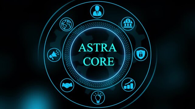 Astra core digital interface: futuristic business network infographic with rotating and glowing hud technology