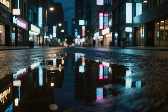 Rue urbaine sous la pluie la nuit avec reflets lumineux et ambiance cin&eacute;matographique