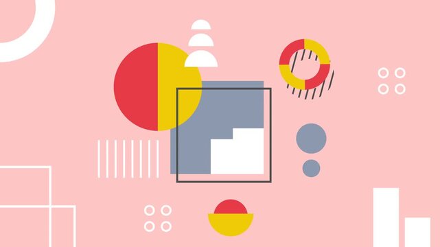 Seamless loop animation of Bauhaus geometric objects in orange, red, and gray moving across a solid pink background, creating a vibrant and trendy mid-century modern aesthetic