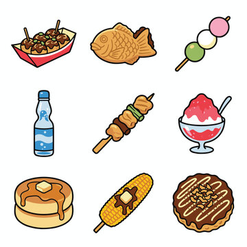 Japanese Street Food Icon Set Featuring Takoyaki Taiyaki Dango Ramune Soda Yakitori Shaved Ice Kakigori Souffle Pancakes Grilled Corn and Okonomiyaki in Professional Flat Line Art Style