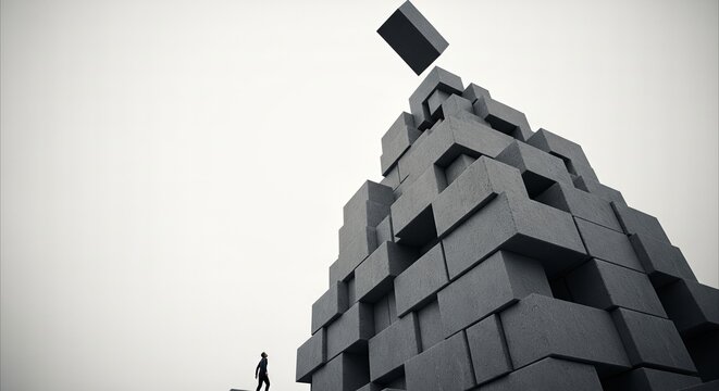 Lone individual looks up at a precarious tower of gray blocks with one block falling, symbolizing stress and pressure.