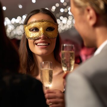 Masked Woman Shares Drinks With Friends at a Party During a Night Celebration