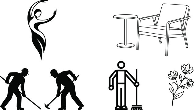 Minimal line and silhouette icon collection featuring cleaning worker gardening tools lounge furniture dancing figure and floral design elements
