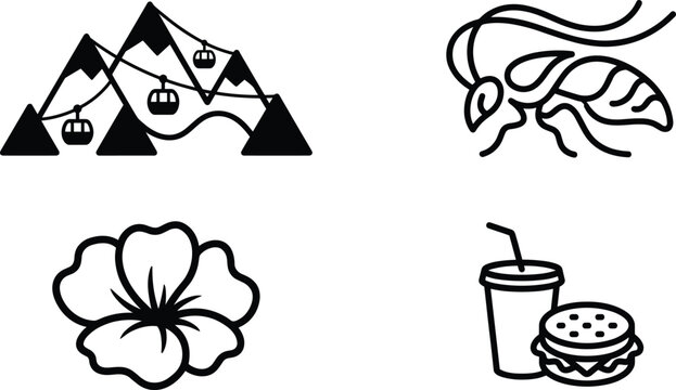 Minimal line and silhouette icon set featuring mountain cable cars insect flower and fast food meal illustration collection