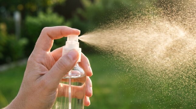 Close-up of a hand using a spray bottle, misting refreshing water or facial toner in the sun.