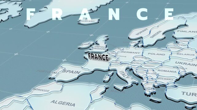 A 3D political map of Europe highlighting France, france map, Nearby countries like Spain, Germany, and Italy, Western Europe,