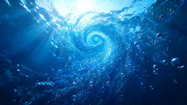 Underwater view of a swirling vortex with numerous bubbles and bright light rays from the surface in deep blue water underwater abstract background freshness
