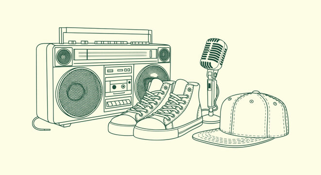 Retro Urban Hip Hop Culture Line Art Illustration with Boombox Sneakers Microphone and Baseball Cap