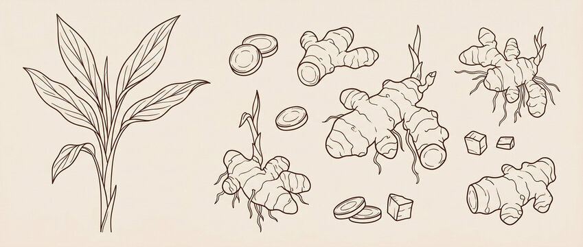 Hand-drawn line art illustration of ginger plant leaves and various forms of ginger roots botanical ingredient sketch alternative medicine cooking ingredient