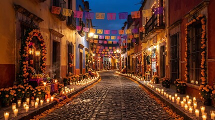 Naklejka premium Street decorated with candles and flowers for day of the dead celebration at night diadelos muertos papel picado latin america