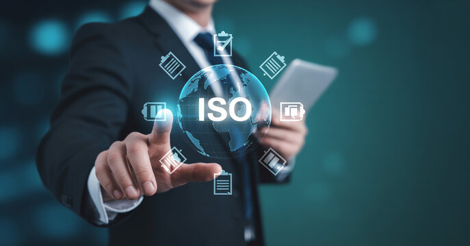 Businessman pointing at digital iso globe icon symbolizing global quality management standards certification and international industrial compliance for corporate growth.