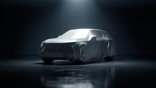 New vehicle covered by light grey cloth in a dark studio under a bright spotlight for a product launch with spotlight anticipation unveiling automotive suspense