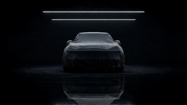 Covered car front view under overhead lights in dark reflective studio for unveiling with dark background hidden object reveal event overhead lighting unveiling