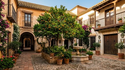 Fototapeta premium Spanish courtyard featuring a central fountain lush greenery potted orange trees orange tree courtyards of cordoba