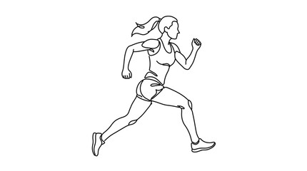 Fototapeta premium Continuous line art of woman running, minimalist black‑and‑white design symbolizing fitness, energy, and determination