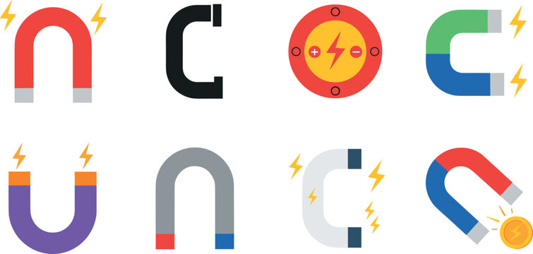Magnet Icons Collection with Horseshoe Magnets Electromagnetic Symbols and Magnetic Force Vector Illustration