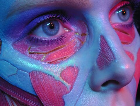Surreal close-up of a female face with anatomical muscle layers. Symbolizing body dysmorphia, the invasive nature of cosmetic surgery, and synthetic beauty standards.
