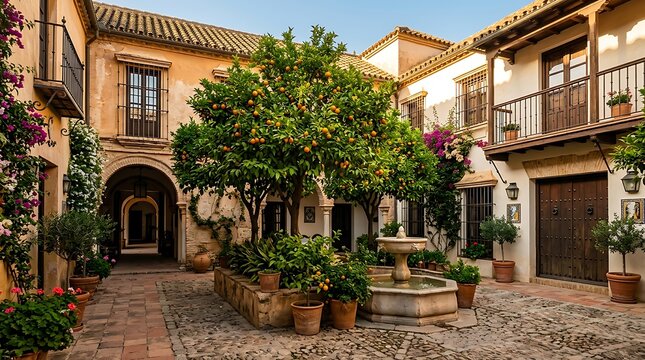 Spanish courtyard featuring a central fountain lush greenery potted orange trees orange tree courtyards of cordoba