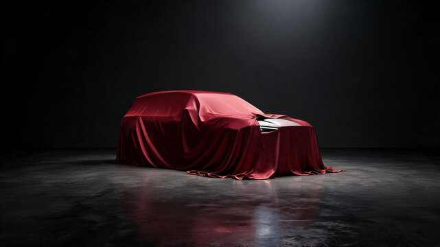 Automotive prototype or new model launch covered with a red satin sheet in a minimalist dark professional photography studio prototype automobile transport