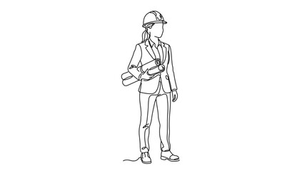 Obraz premium Continuous line art of female architect holding blueprints, minimalist black‑and‑white design symbolizing leadership, precision, and innovation