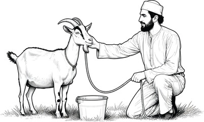 Fototapeta premium Man Milking Goat in Field
