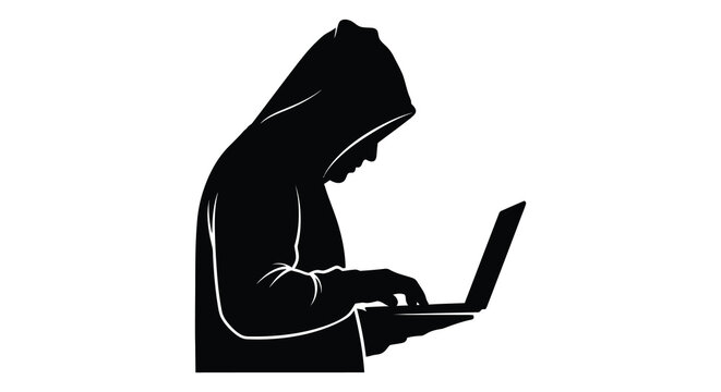 Hooded figure using laptop silhouette on white background