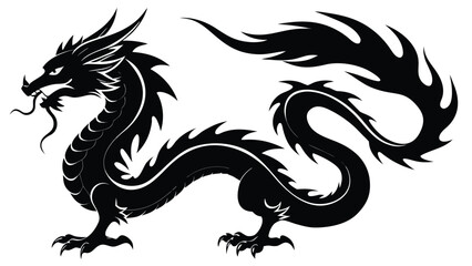 Fototapeta premium Majestic asian dragon black silhouette with long curly body and sharp horns vector.