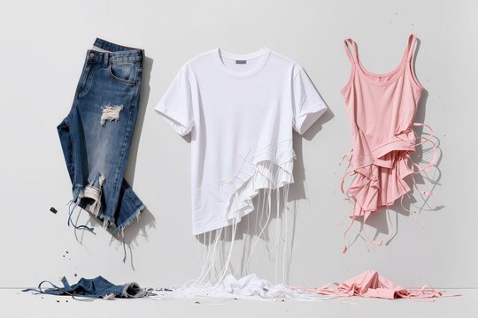 V&ecirc;tements d&eacute;chir&eacute;s suspendus sur fond minimaliste repr&eacute;sentant la mode destructur&eacute;e contemporaine