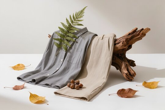V&ecirc;tements en lin naturels pr&eacute;sent&eacute;s avec &eacute;l&eacute;ments v&eacute;g&eacute;taux dans une composition de mode &eacute;coresponsable