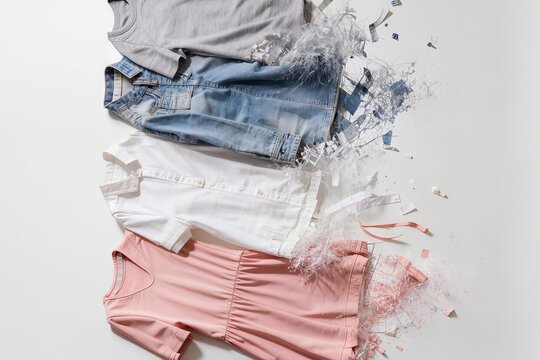 Composition de v&ecirc;tements modernes avec effets de d&eacute;sint&eacute;gration textile sur fond minimaliste