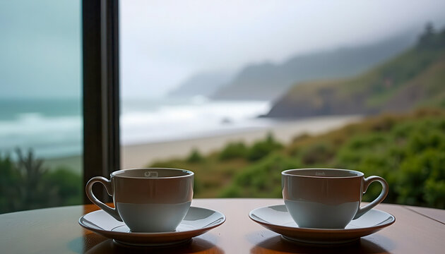 Two white cups of coffee on a wooden table by a large window overlooking a misty coastal landscape, morning routine, cozy relaxation, travel getaway.