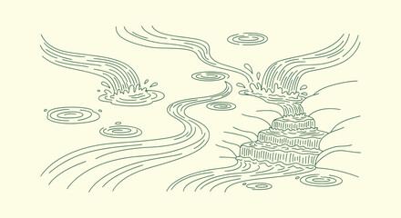 Minimalist Hand Drawn Line Art Illustration of Cascading Waterfalls and Water Surface Ripples © vectorial