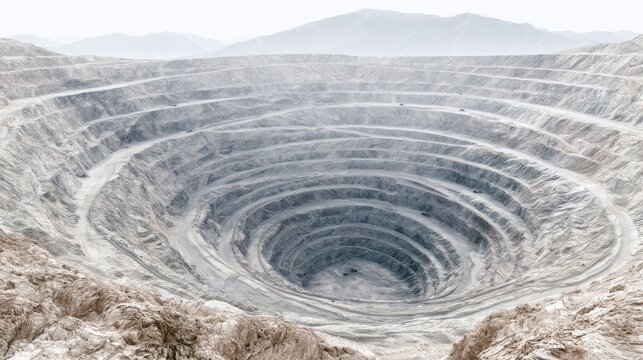 Massive open pit mining quarry viewed from an elevated perspective, showcasing layered earth and rock formations with distant mountains in the background