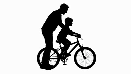 Fototapeta premium Father's Day Silhouette of father teaching son to ride bicycle, biking lesson, cycling training, family fun, outdoor activity isolated on White Background vector