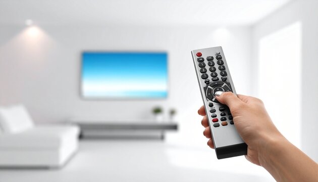 Hand holding sleek silver remote in modern white living room, symbolizing control, technology, and minimalist lifestyle.