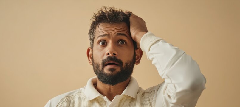 South Asian male cricket player looking shocked