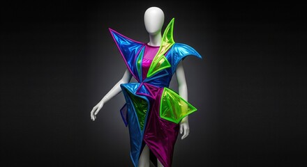 Obraz premium Avant-garde geometric dress on mannequin, bold neon colors, studio lighting, modern fashion statement with copy space