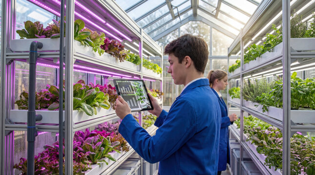 Researchers using tablet to track crop performance in indoor vertical farm