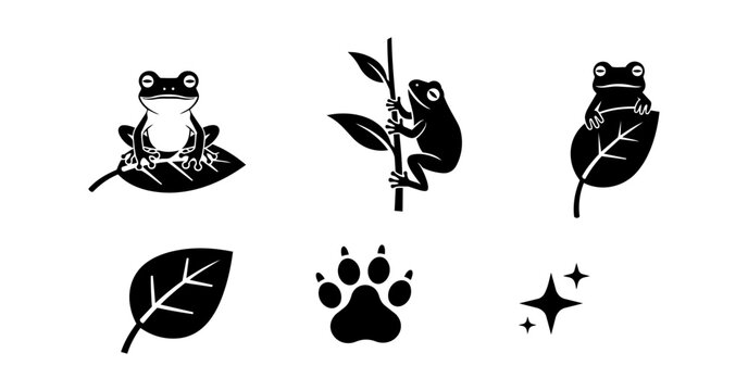 The Amphibian Collection A Minimalist Vector Icon Set of Frogs, Leaves, and Paw Prints, EPS.